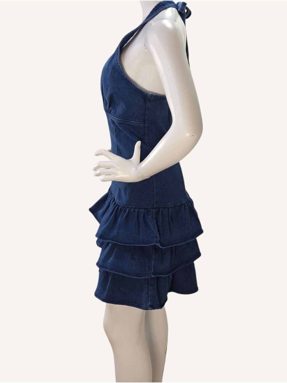 Denim Halter Ruffle Mini Dress Small Dark Wash Story On Coastal Cowgirl NWT - Picture 3 of 10